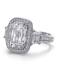 Vintage inspired emerald cut diamond engagement ring with tapered baguette sides and pave set diamond setting